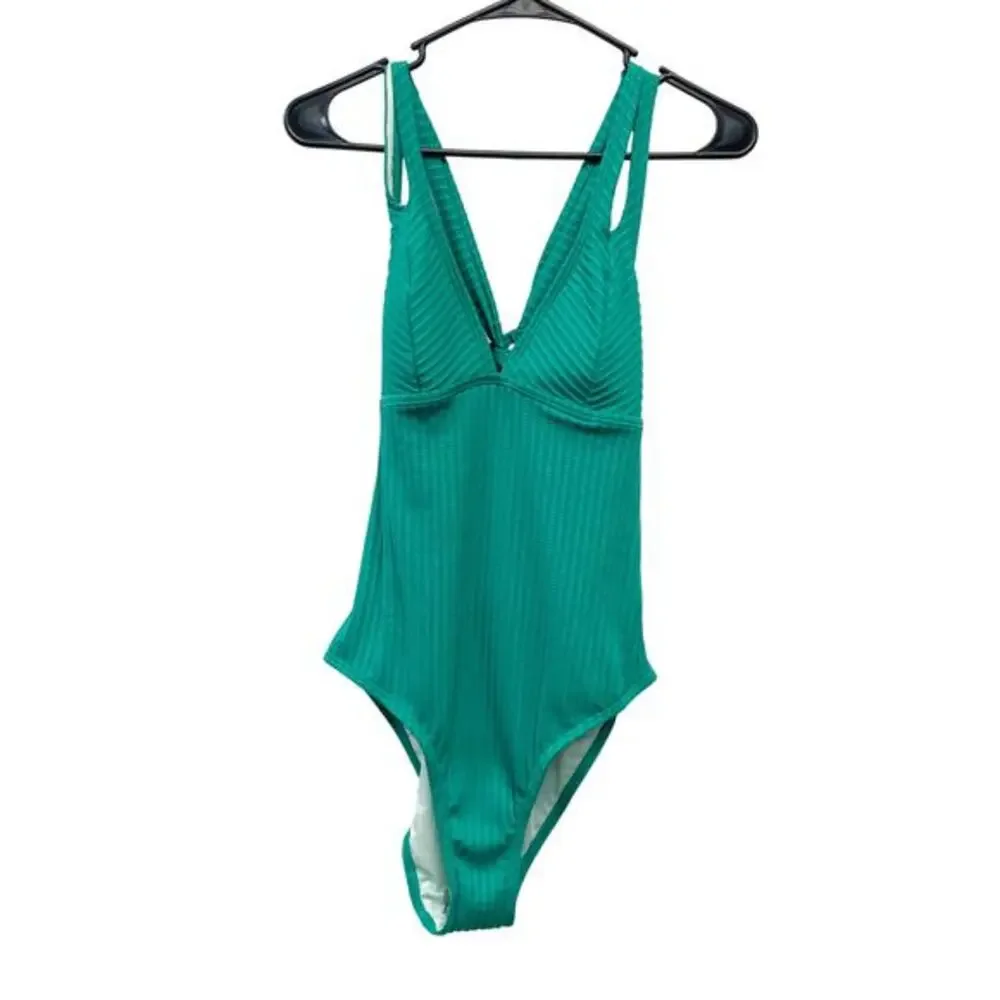 Cupshe Women's‎ Green Ribbed Green Cross Back One Piece Swimsuit Size Medium